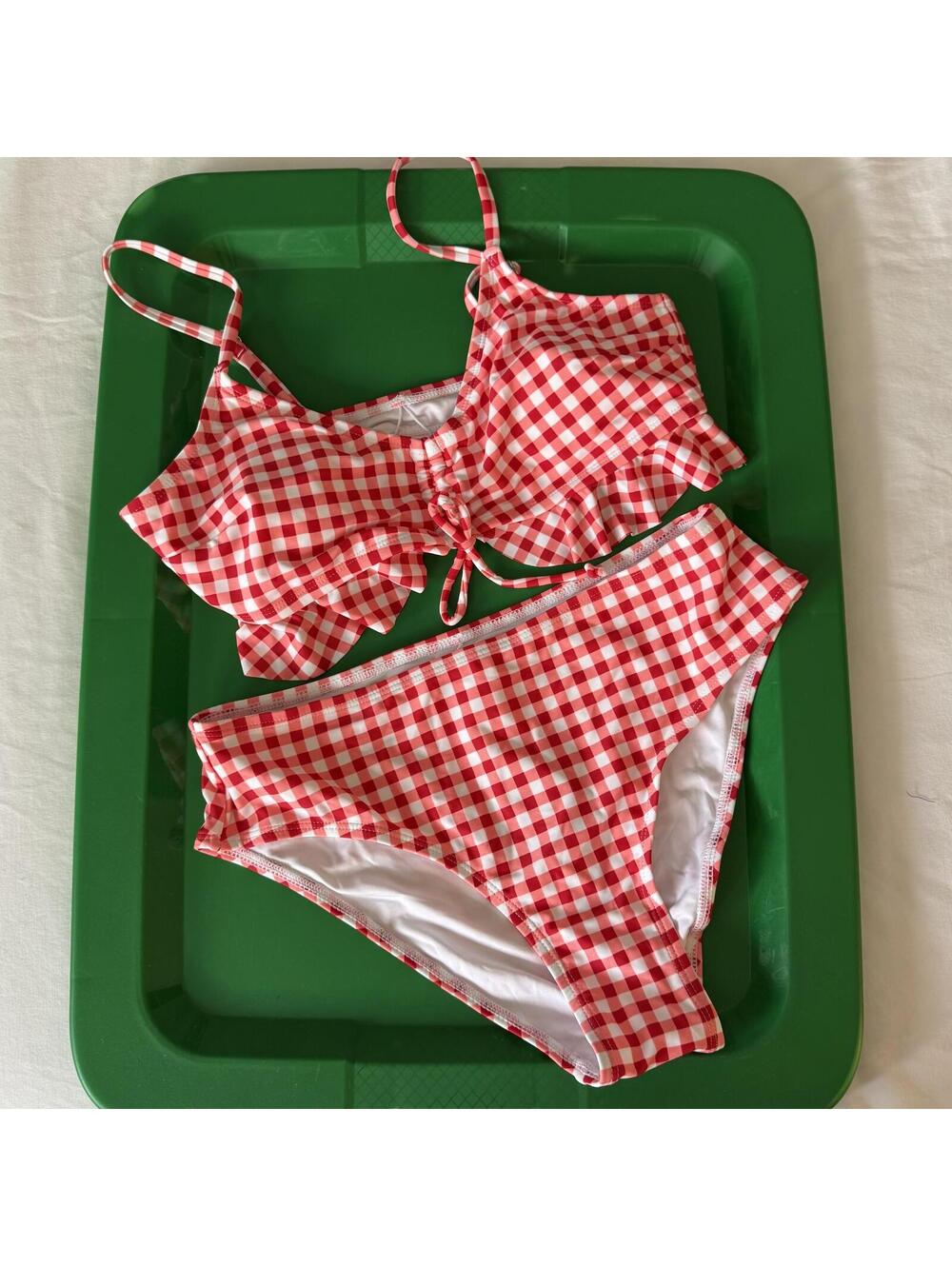 CUPSHE M Red White Gingham Ruffle Bikini Set Full Coverage Bottoms Tie Top NEW